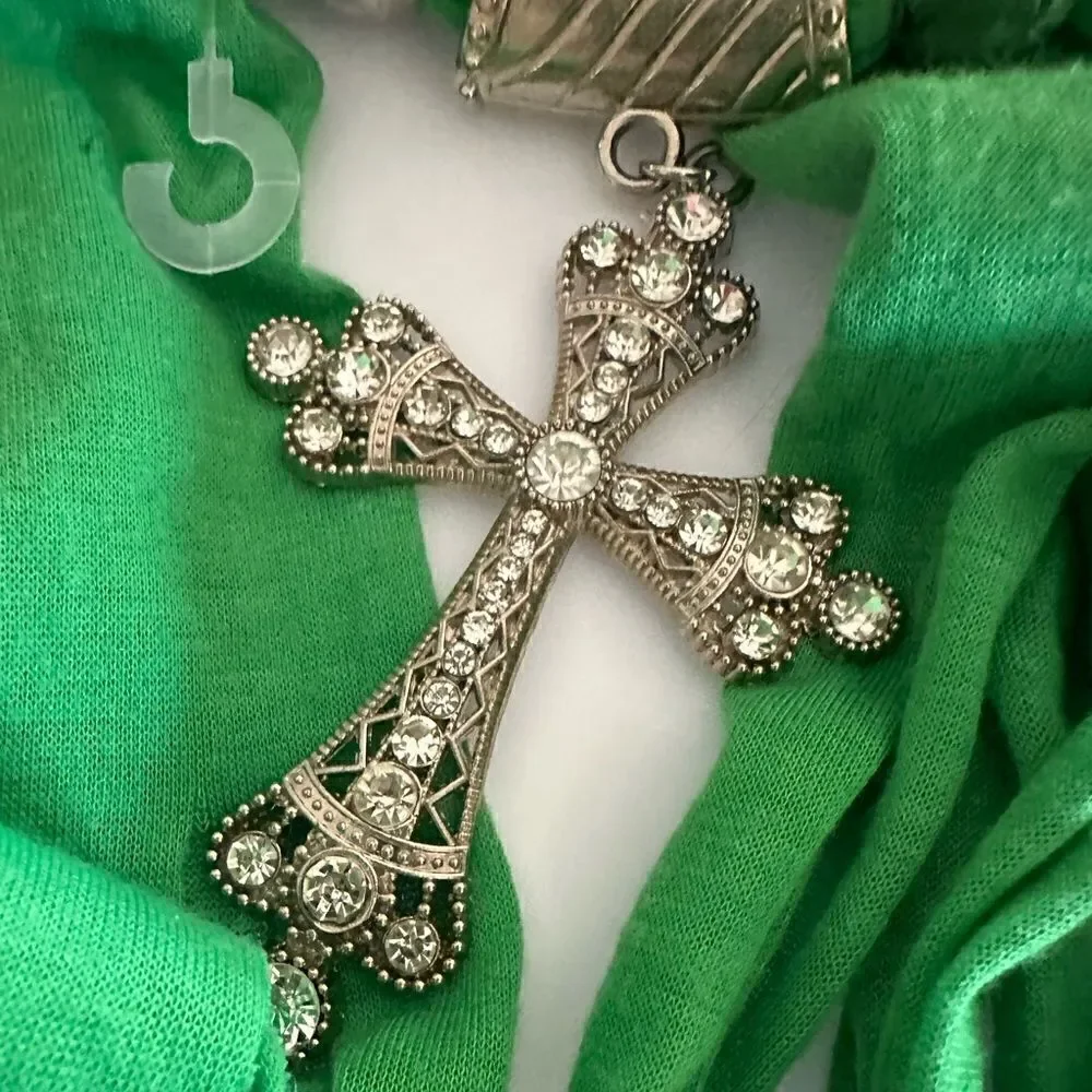 BIG SILVER CROSS GREEN TYE RAG BEADED BELT CLOTH SCARF